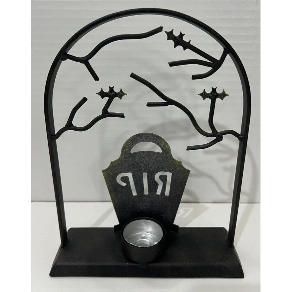 Metal Halloween RIP Tealight Candle Holder Black Tombstone Bats Graveyard Spooky